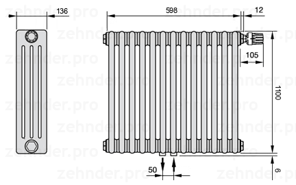 Схема (чертеж) Радиатор Zehnder Charleston 4110/13 №V008 Белый глянцевый RAL 9016